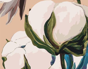 Paint by Numbers Kit Flowers Cotton with Green Leaves, DIY Botanical Canvas with Acrylic Paints Brushes and Frame, Wall Decorative Artwork
