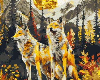 Kit de pintura por números de paisagem com par de lobos, tintas metálicas, conjunto de pintura em tela acrílica faça você mesmo com pincéis e opção de moldura personalizada