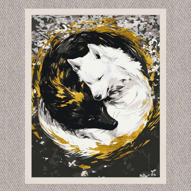 Paint by Numbers kit featuring pair of wolves Yin Yang, 40x50 cm, DIY acrylic canvas with metallic paints, natural cotton, wooden frame, brushes