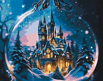 New Year Palace Crystal Glass Globe Paint by Numbers Kit, Christmas Winter Castle Painting Set, Custom Canvas Size DIY Acrylic Paint Set
