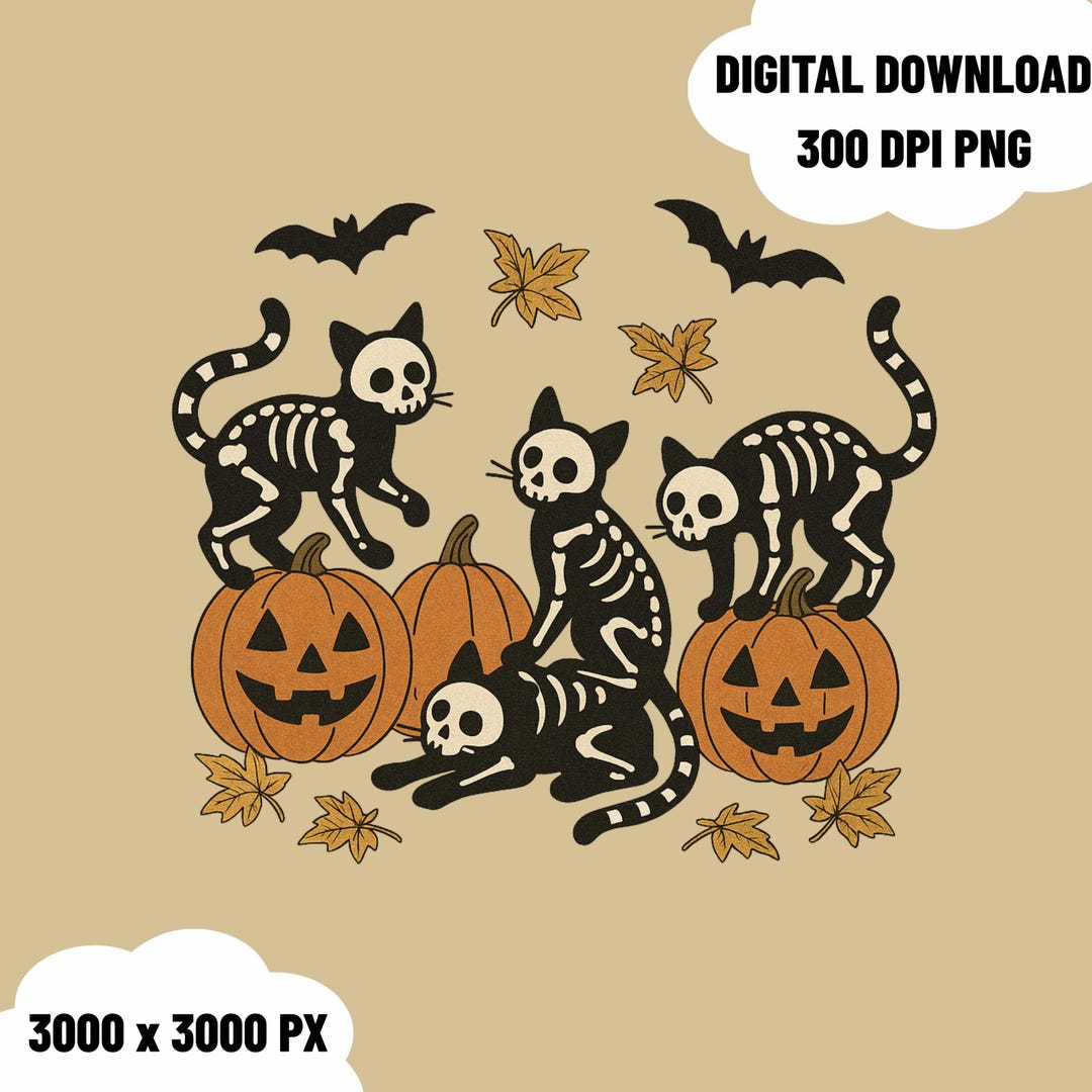 Spooky Skeleton Cats PNG File Halloween Cat Digital Art Cute Ghost ...