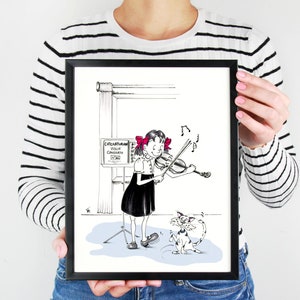 Linda ilustración de dibujos animados de una niña tocando el violín para su gato. Regalos para amantes de la música clásica. Arte de pared de música caprichosa. Arte amante de los gatos.