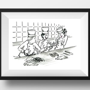Juegos de fideos, impresión de arte de chef de dibujos animados humorísticos. Divertida decoración de pared de cocina de chef para amantes de la comida y la comida. Dibujos animados de juegos de comida Cat's Cradle.