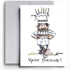 Carte de gâteau d'anniversaire. Carte d'anniversaire amusante pour elle/pour lui. Cadeau de chef à l'encre et à l'aquarelle. Carte de joyeux anniversaire. Anniversaire gourmand. Blanc à l'intérieur.