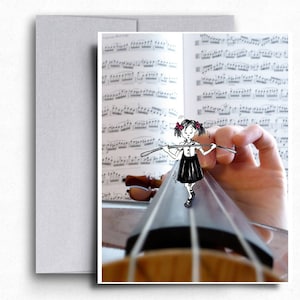 Drawing of cartoon girl tightrope walking on violin, viola or fiddle string.  Whimsical violin player art for music lover. Card for musician
