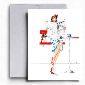 Stylish birthday greeting card of woman reading newspaper with Cavalier King Charles Spaniel looking on. Funny woman fashion cards for her. image 1