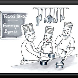 Funny chef art cartoon print for chefs and food lovers. Three chefs cooking in the kitchen humorous art print. French Gastrique illustration