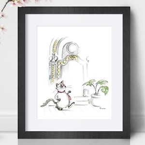 Kattenprint uit New York. Grappige stadskattenkunst voor kattenliefhebbers. Stedelijke muurdecoratie kattencadeau. Kattencadeau. Grappige katachtige illustratie. NYC Cat-instituut.