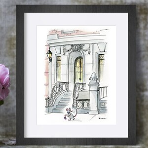 May include: A framed watercolor print depicts a building facade with a curved staircase and a mouse carrying a small bag. The artwork features a black frame, a light-colored building, and a pink flower arrangement in a vase.