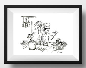 Humorous culinary chef art print. Cute kitchen art gift for cook. Kitchen magic chef wall art decor.