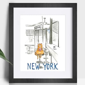 Cat art print orange Tabby. Cute cat caricature. New York cat cafe art print. Ginger cat gifts. Cat cafe wall art. Funny cat with donut.