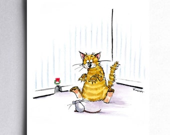 May include: A funny greeting card with a watercolour illustration of an orange tabby cat looking surprised at a small grey mouse. The cat is sitting on the floor with its paws raised. A small red and green wreath is near a mouse hole.