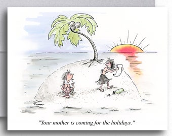 Desert island holiday cartoon card. Humorous holiday card for couples. Funny unexpected humor greeting cards. Funny family holiday card.