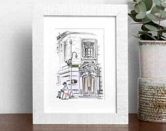 5x7 Mini Print of NYC Upper West Side urban illustration.  Whimsical errand day New York City art. New York Print Central Park West church.