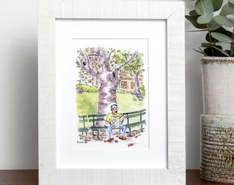 Central Park mini art print. New York watercolor art. Music lover gift for him. Wanderlust wall art. NYC illustration wall decor.