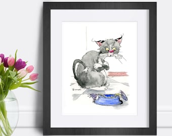 Cute grumpy cat with fishbone art print. Hangry humor for cat lover. Whimsical watercolor illustration of tuxedo kitten looking at fish.