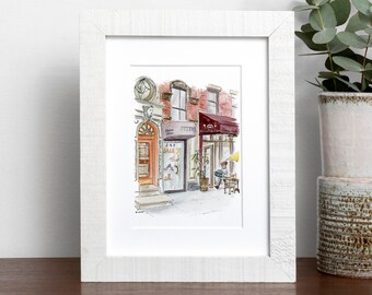 Piccola Cucina Soho mini print. Whimsical New York City restaurant illustration.  NYC street scene wall decor art print. NYC streetscape.