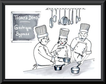 Funny chef art cartoon print for chefs and food lovers. Three chefs cooking in the kitchen humorous art print. French Gastrique illustration