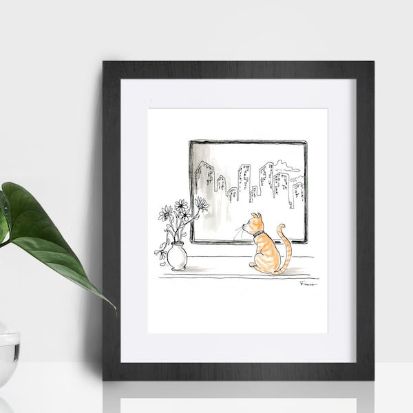 Whimsical orange Tabby cat illustration. Ginger cat wall art. Cats with a view pen and ink art print. Curious kitty art print. Cat lady art.