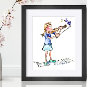 Ilustración de acuarela de dibujos animados de linda chica tocando el violín. Chica caprichosa con arte de músico bluebird. Estampado de violinista para melómanos.