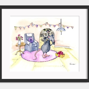 Ilustración linda del gato y el ratón. Impresión de un ratón de dibujos animados feliz con queso envuelto para regalo.  Caprichoso arte animal antropomórfico de acuarela.