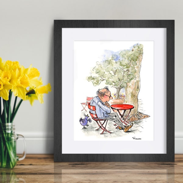 Whimsical Art - Urban Illustration - Bluebird of Happiness - Garden Print - Deep in Thought