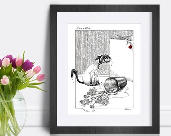 Hand drawn pen and ink silly cat art print. Black and white ink illustration. Floral cat wall art for crazy cat lady. Grumpy cat drawing.