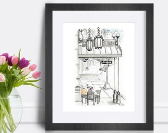 New York City pen and ink art print. Upper West Side illustration. Whimsical Hotel Belleclaire wall art. Man with dog urban city wall decor.