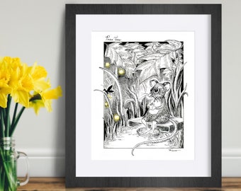 Pen and ink woodland animals illustration print. Whimsical mouse and firefly art. Cute field mouse wall art. Enchanted firefly forest art.