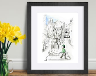 Upper East Side city street drawing. New York lover gift. Humorous New York City illustration print. Whimsical NYC art. Woman in green suit.