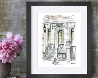 Funny mouse art print. New York street scene. Whimsical Upper West Side ink and watercolor illustration print. Beautiful brownstones art.