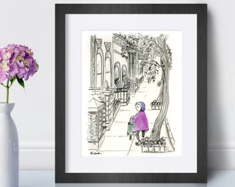 New York City urban illustration of woman with shopping cart on the Upper West Side. Whimsical NYC brownstone ink wash and watercolor art.