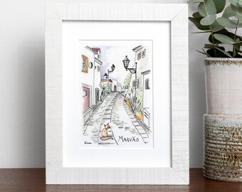 Portugal travel wall art mini print. Whimsical cat art for cat lover. Ink and watercolor illustration of tiny village in Alentejo, Portugal.