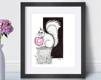 Cute pen and ink squirrel illustration print. Woodland creature art. Funny doughnut wall art print.  Adorable animal lover wall decor print.