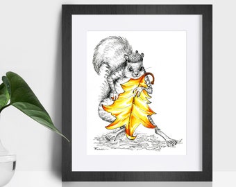 Cute pen and ink illustration of squirrel with acorn hat and leaf.  Whimsical squirrel print.  Woodland creature autumn mood wall art decor.