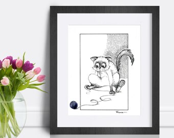 Pen and ink illustration of Siamese cat with ball of yarn. Cute cat art print. Whimsical cat drawing. Feline friend wall art. Cat Lady gift.