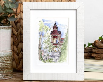 Belvedere Castle Central Park urban illustration 5x7 mini print.  New York City travel art. Spring in NYC.  Iconic NYC architecture print.
