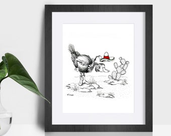 Imaginary beings pen and ink desert art print. Funny bird with sombrero hat and cowboy boots art print. Humorous pen and ink illustration.