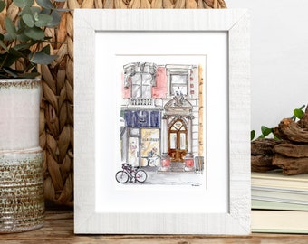 Mini 5x7 NYC print. Upper West Side Cleaners urban illustration. Whimsical New York City street art. Colorful New York poster wall decor.