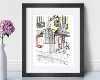 Sweet ink and watercolor Lisbon city urban illustration print. Whimsical art print of Paris em Lisboa store in Chiado. Portugal travel art.