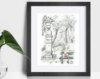 NYC Central Park art print for book lover. Urban illustration of Autumn in New York City. Whimsical New York travel art with neutral colors.