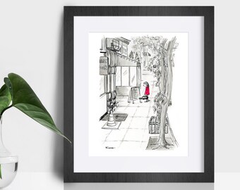 Upper West Side whimsical pen and ink illustration. Girl in red coat with violin art print. Melancholy New York City scene. Music lover gift