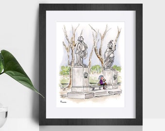 Spain Painting - Madrid Print - Garden Art - Whimsical Art Print - Character Art - Plaza Real Urban Art