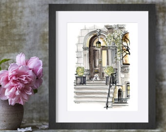 NY City Art - Brownstone Art - Miniature Poodle - Urban Illustration