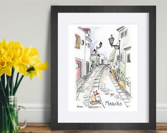 Portugal travel art print for cat lovers.  Urban illustration of quaint Portuguese town in the Alentejo.  Rustic street scene art print.