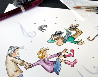 Original Illustration - Windy Day Illustration - Ink and Watercolor Art