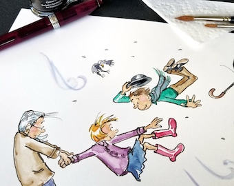 Może przedstawiać: Ilustracja akwarelowa przedstawiająca ludzi i ptaka porwanych przez wiatr. Kobieta i dziewczyna trzymają się za ręce, a mężczyzna trzyma swój kapelusz. Obraz zawiera tusz, pióro i materiały akwarelowe.