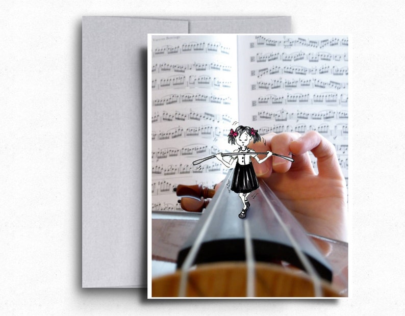 Drawing of cartoon girl tightrope walking on violin, viola or fiddle string. Whimsical violin player art for music lover. Card for musician image 1