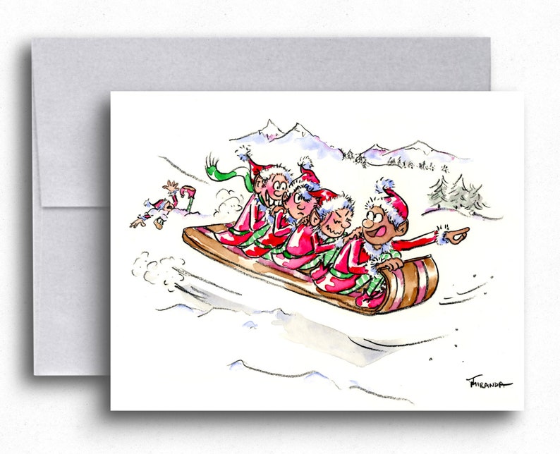 Watercolor Holiday Card Holiday Elves Winter Holiday Card image 1