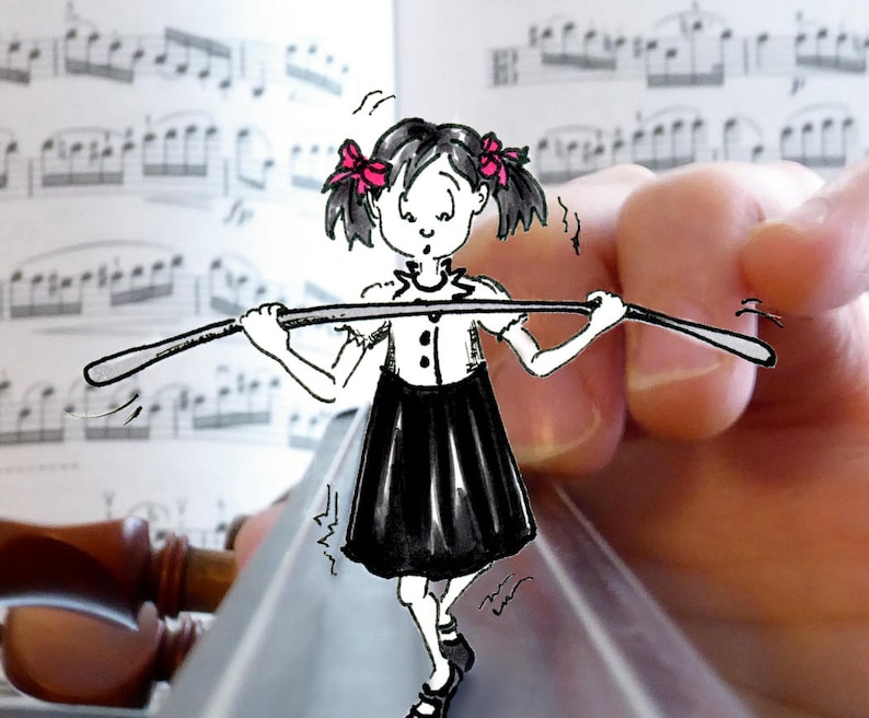Drawing of cartoon girl tightrope walking on violin, viola or fiddle string. Whimsical violin player art for music lover. Card for musician image 2